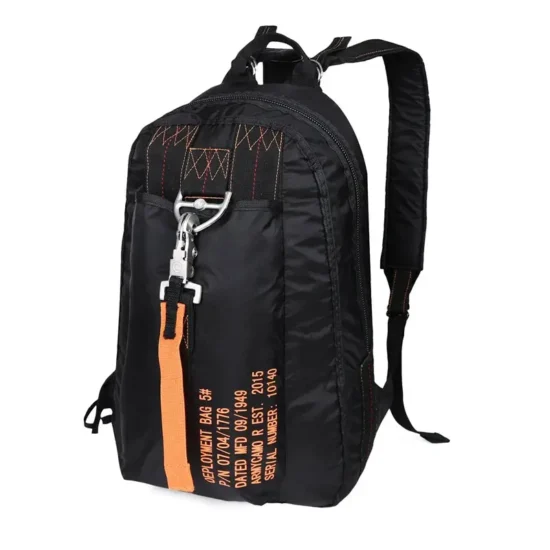 Black parachute-style outdoor travel backpack