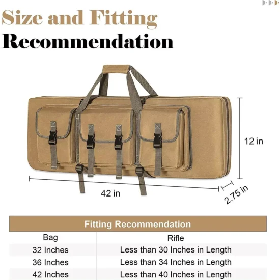 A tan rifle case with multiple pockets and black buckles, featuring a handle and shoulder straps for carrying.