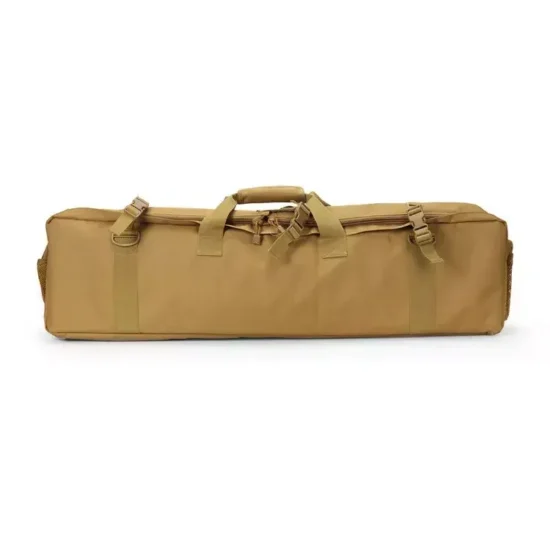 A tan tactical rifle bag with multiple pockets, straps, and a handle, shown closed.