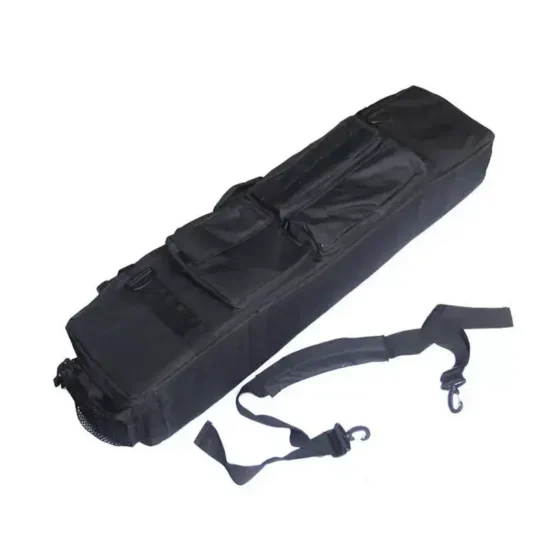 A black tactical rifle bag with multiple pockets, straps, and a handle, shown closed.