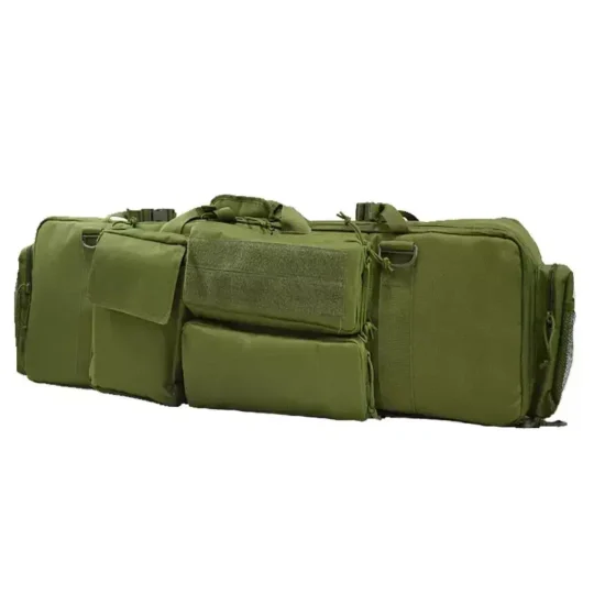 A green tactical rifle bag with multiple pockets, straps, and a handle, shown closed.