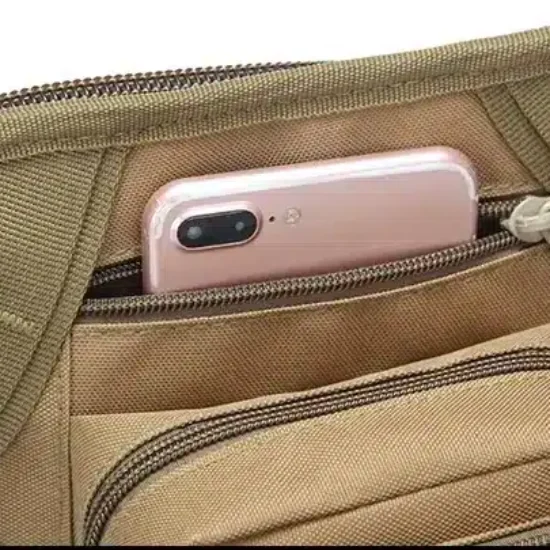 Tan Tactical Thigh Pouch – Open View with iPhone